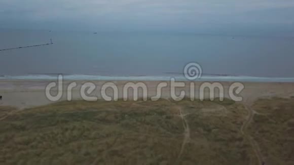 海边有一个绿色的田野和海滩捕捉空气视频与无人机在秋天的一天视频的预览图