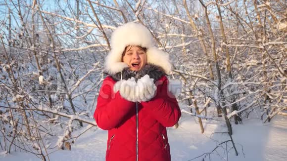 小女孩在冬天的森林里从她的手里吹起雪花孩子们冬天在公园里玩圣诞假期视频的预览图