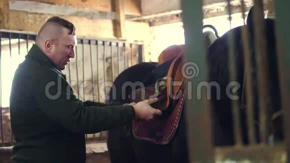 在马厩里一个人为了骑一匹纯种的黑马而扣上马鞍视频的预览图