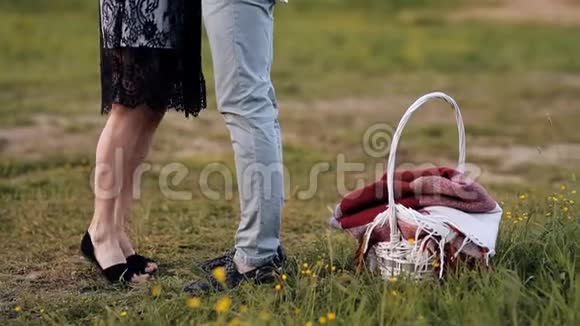 一对年轻夫妇在夏日的夕阳下在一片绿色的草地上散步在大自然中野餐篮子里有酒和食物还有视频的预览图