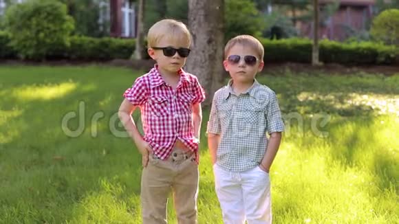 两个戴着墨镜的4岁和5岁的小男孩站在公园里拥抱视频的预览图