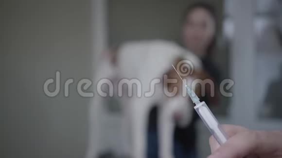 兽医准备一个注射器在前景上注射女人抚摸她的大狗站立时模糊的身影视频的预览图
