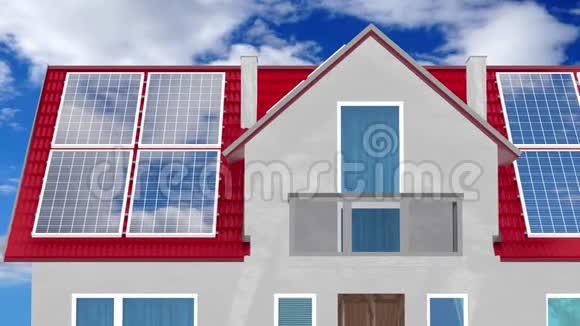 屋顶安装太阳能电池板的房子3D4k动画视频的预览图