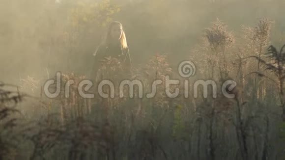 烟雾中一个严肃的女孩穿过田野黄色的草秋天4K慢莫视频的预览图