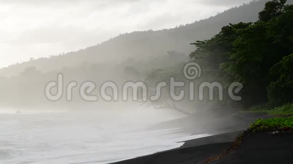 清晨薄雾中的沙滩曼谷国家公园的黑沙火山海滩曼谷海岸的清晨雾霭视频的预览图