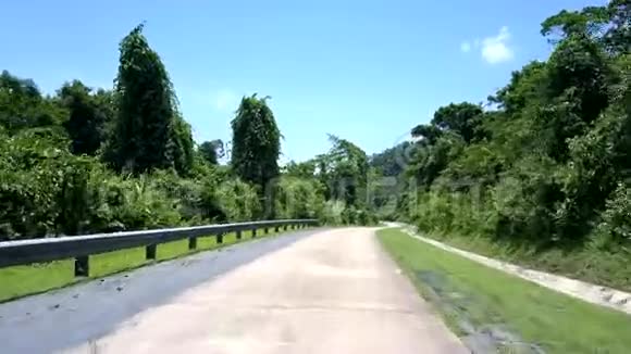 在阳光明媚的日子里蜿蜒的丛林道路上有电线杆和障碍物视频的预览图