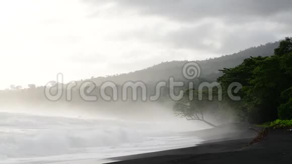 清晨薄雾中的沙滩曼谷国家公园的黑沙火山海滩视频的预览图