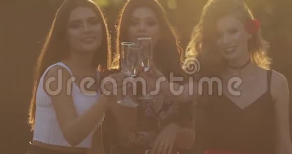 三个漂亮的女朋友在夏日公园阳光下喝香槟视频的预览图