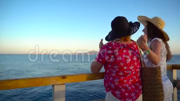 母亲和成年女儿欣赏海景在码头上交谈埃及蒂兰岛景观视频的预览图