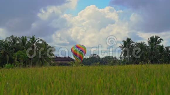 稻田里五颜六色的热气球旅游东南亚概念巴厘岛旅游目的地视频的预览图