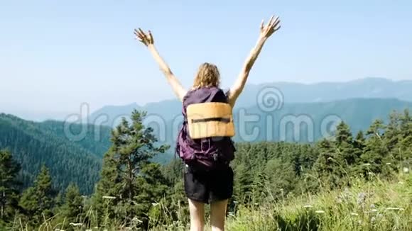带着背包的女游客举起双手在美丽的背景下从幸福中跳出来视频的预览图