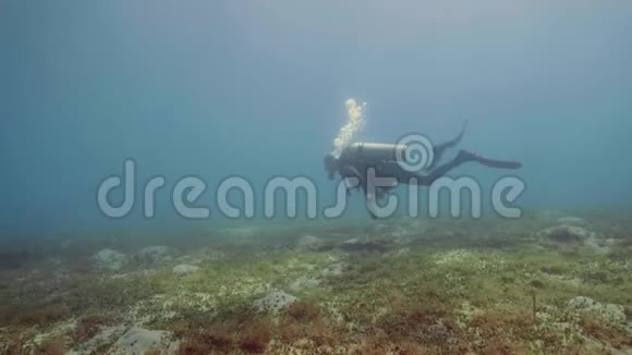 潜水者漂浮在海底向照相机挥手在水下观看视频的预览图