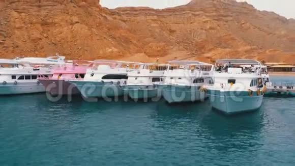埃及沙漠山脉背景上有船只和游艇的码头视频的预览图