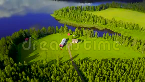 从空中俯瞰森林环绕的美丽湖泊岸边的一个小农场视频的预览图