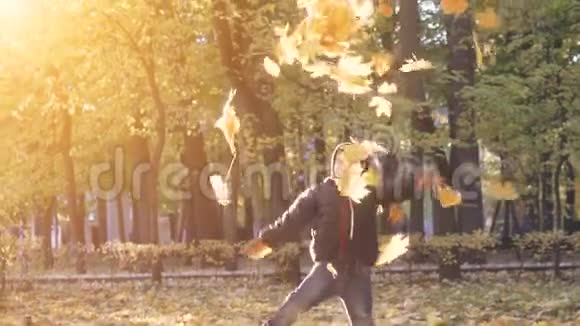 小男孩在公园里扔秋叶视频的预览图