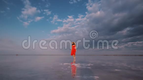 穿着飘舞裙的女孩走在粉红色的盐湖边那里的天空被反射视频的预览图