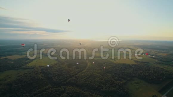 在绿野和森林上空飞行的不同的大气球视频的预览图