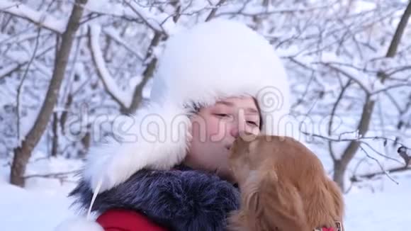 孩子们在森林里玩他的宠物美丽的女孩微笑着在冬天抚摸她心爱的狗视频的预览图