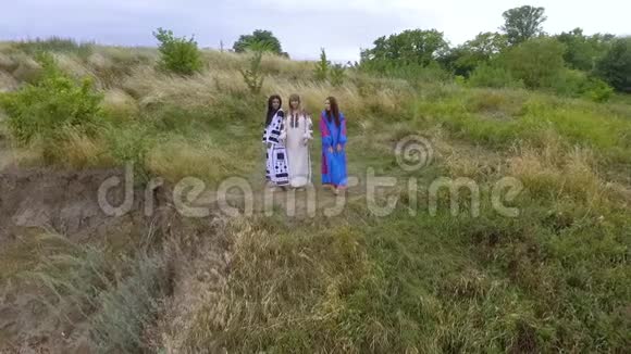 在湖边或河边散步的三个穿着夏日长礼服的女朋友的空中景色两个高加索人和一个视频的预览图