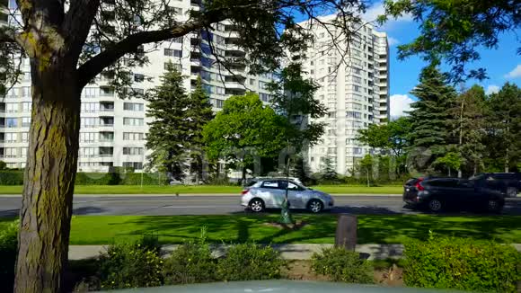 靠绿树行驶的城市停车和行车的侧视城市景观与汽车停车再出发视频的预览图