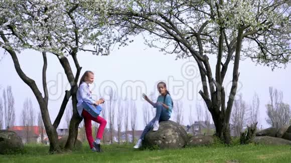 两个有趣的少年女孩在户外弹吉他唱歌乡村春季开花树娱乐的概念视频的预览图