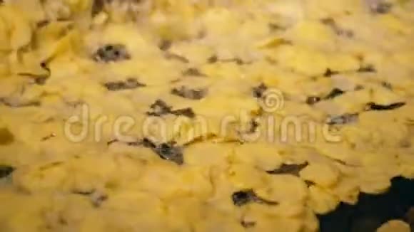新鲜薯片在油炸后在工厂生产线上移动视频的预览图