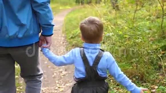 一位年轻的父亲和他的孩子在秋天公园散步父亲牵着儿子手秋景视频的预览图