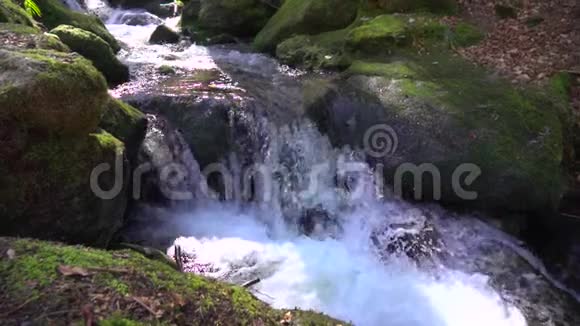 天然瀑布在覆盖着绿色苔藓的大石头之间流淌使飞溅和泡沫缓慢运动视频的预览图