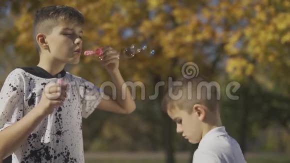 男孩在公园里吹肥皂泡孩子们的手在泡泡肥皂泡慢动作视频的预览图