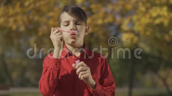 那个穿红色衬衫的男孩在公园里吹着肥皂泡的肖像孩子在户外玩耍视频的预览图