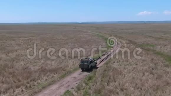 无人驾驶的越野车穿越塞伦盖蒂的草原视频的预览图