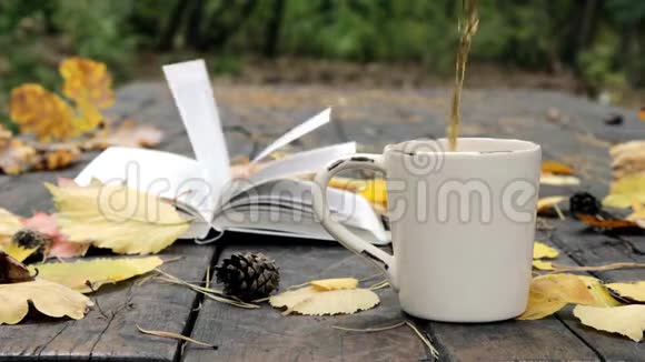 在旧木上躺着一本书一个杯子里倒着茶落叶和锥风吹走了树叶视频的预览图