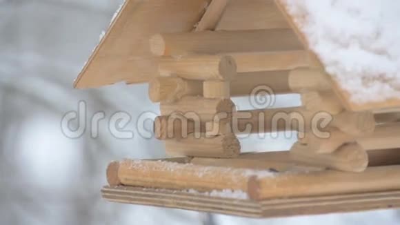 鸟儿飞到喂食器前拿起粮食飞起来宏观摄影雪花落在鸟舍上视频的预览图