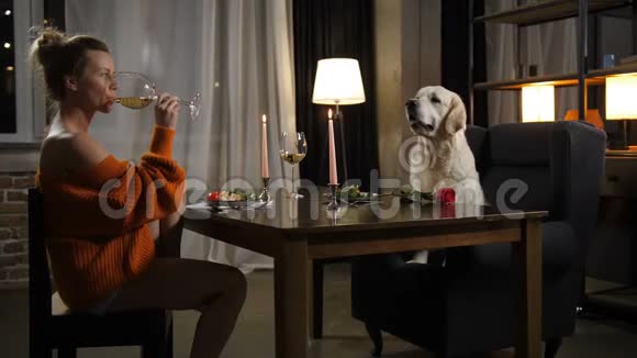 浪漫晚餐期间带狗的休闲女人视频的预览图