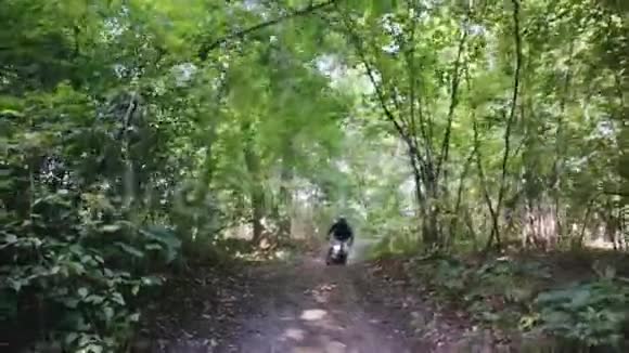 骑着防护装备的骑士骑着摩托车穿过茂密的森林视频的预览图