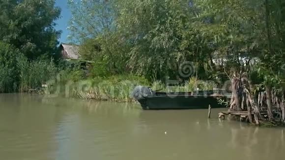 停泊在芦苇床上的木船乌克兰维尔科沃视频的预览图