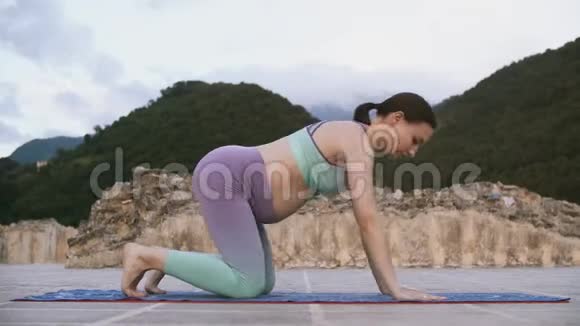 年轻的孕妇在户外做瑜伽准妈妈在练习伸展运动视频的预览图