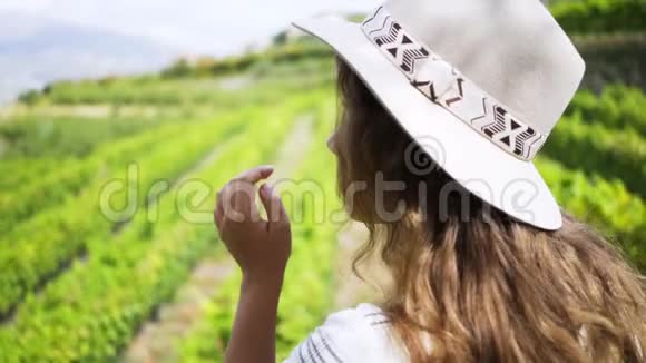 女人在看山上的藤蔓植物视频的预览图