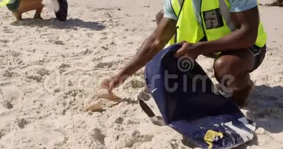 阳光明媚的非裔美国男性志愿者清洁海滩前景4k视频的预览图