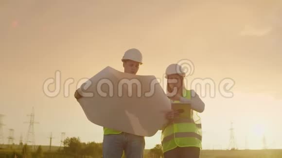 两位工程师一男一女戴着头盔带着一块石碑的工程师在电塔上行走讨论视频的预览图