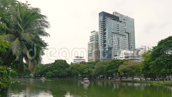 城市公园有许多绿色植物和跑步机沿湖市中心公园的休息和体育活动视频的预览图