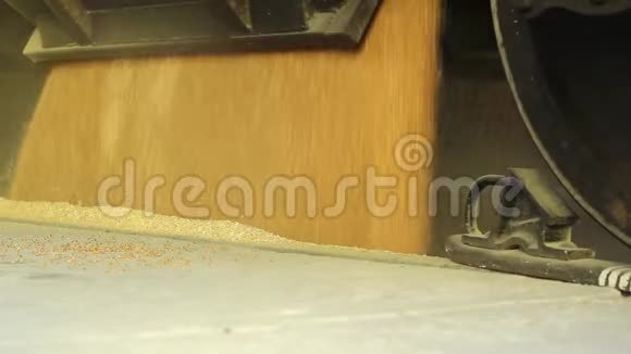 从火车上的货车在电梯里接收谷物谷物在美丽的水流中运行特写镜头视频的预览图