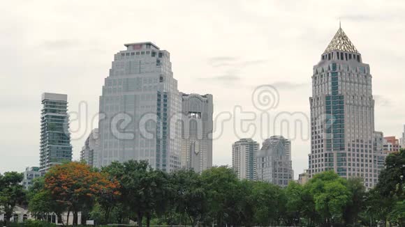 写字楼上升商圈侧视绿树和高大的玻璃建筑城市景观视频的预览图