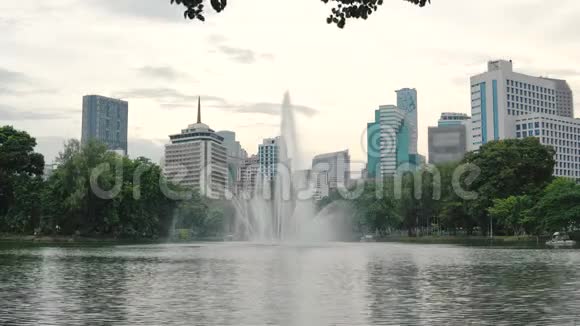 摩天大楼背景上的大型喷泉美丽的城市建筑有大型湖泊和绿色植物视频的预览图