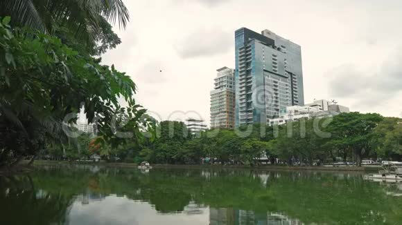 城市景观商业区的摩天大楼和公园城市公园湖对岸的写字楼景观视频的预览图