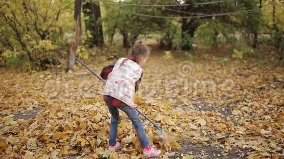 漂亮的小女孩用耙子清理院子里的树叶视频的预览图