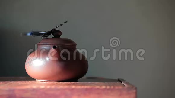中国茶壶蝴蝶木桌绿墙高清视频的预览图