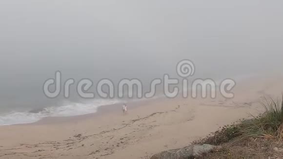 大西洋景色和一对夫妇葡萄牙帕沃瓦兹姆的空海滩在雾蒙蒙的秋日带着波浪视频的预览图