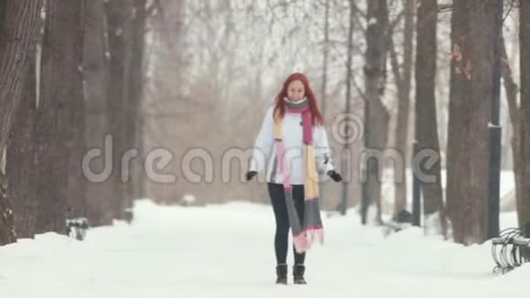 冬季公园一个微笑的女人一头鲜红的头发在镜头前跳跃视频的预览图