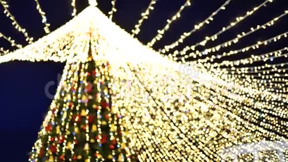 美丽的圣诞树上装饰着许多户外花环视频的预览图